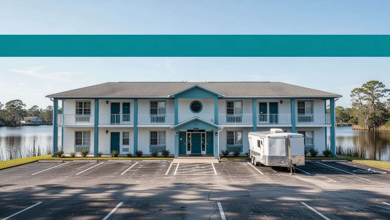 Photorealistic exterior view of Bayou Inn & Suites two-story motel in Bayou La Batre, Alabama, with parking lot including one trailer, bayou water in background, under clear daytime sky, branded with bold 'Town Hotels' headline on green band.