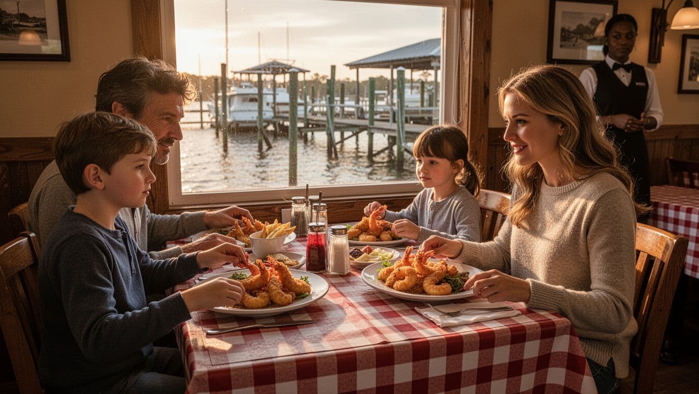 Two small family groups eat fried shrimp platters at wooden tables with checkered cloths, bayou docks visible through window.