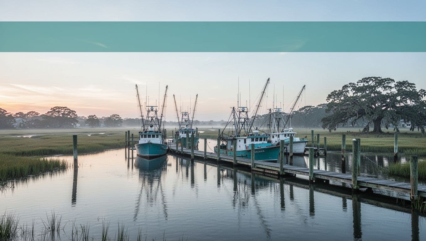 Serene Bayou La Batre waterfront at dawn with docked shrimp boats, calm bayou waters, marshy green shores, and distant oak trees in soft natural morning light, topped with bold 'Seafood Capital' headline on green band.