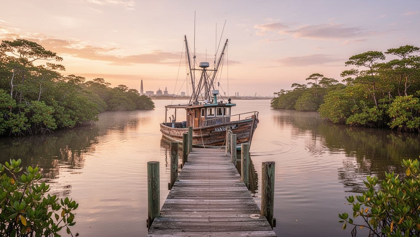 Serene Bayou La Batre Alabama waterfront at dawn, featuring calm bayou waters reflecting mangroves and sky, with one wooden shrimp boat docked at a pier and distant coastal horizon, topped by bold 'Bayou Views' headline on green band.