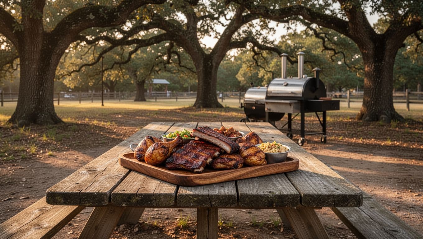 Picnic tables under oak trees at barbecue joint, central tray of ribs chicken sides, smoker in background, golden hour light.