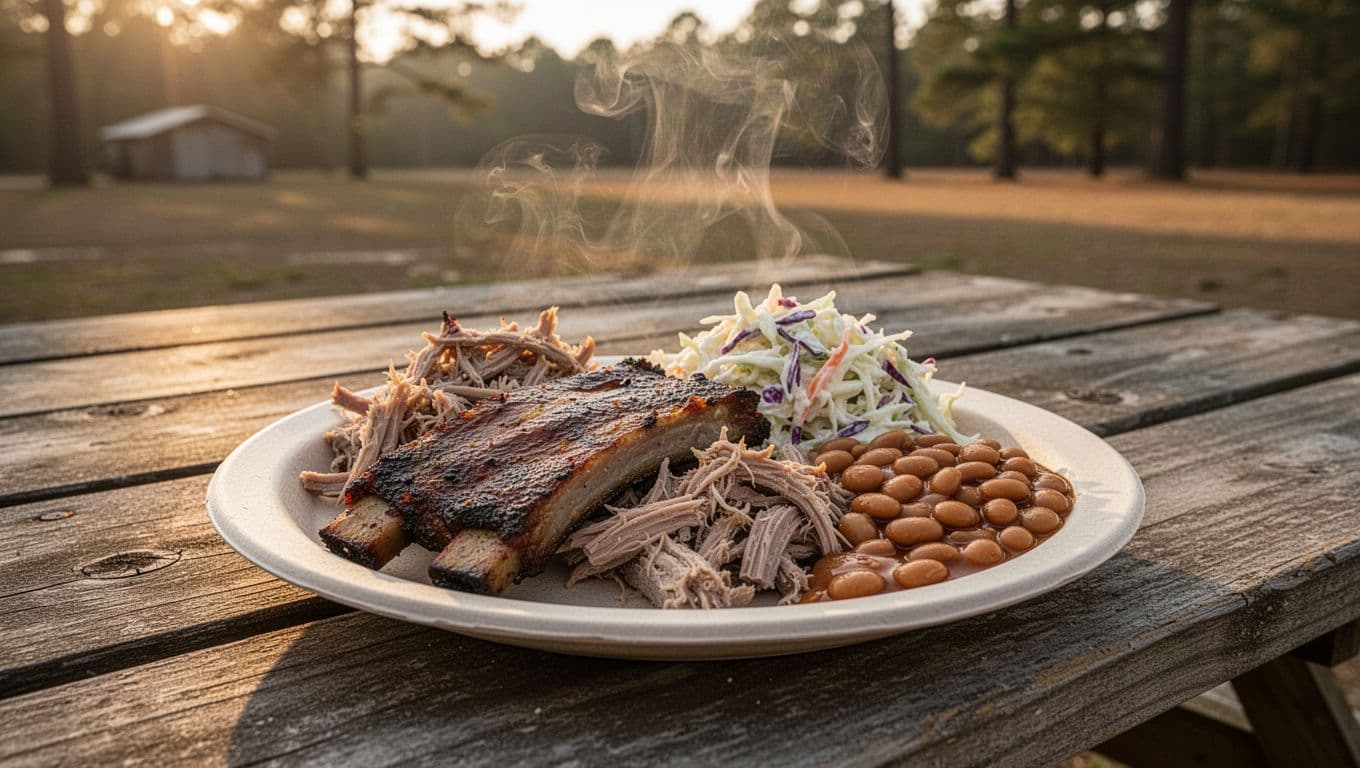 Smoky BBQ plate with ribs, pulled pork, coleslaw, baked beans on wooden picnic table outdoors, green 'BBQ Alternative' banner at top.