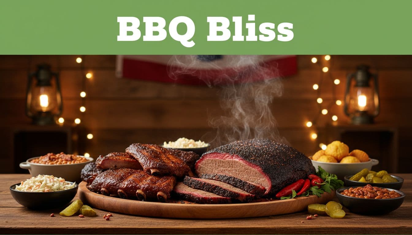  'BBQ Bliss' headline on green band above wooden platter of smoked ribs, brisket, sides, steam rising in rustic interior.