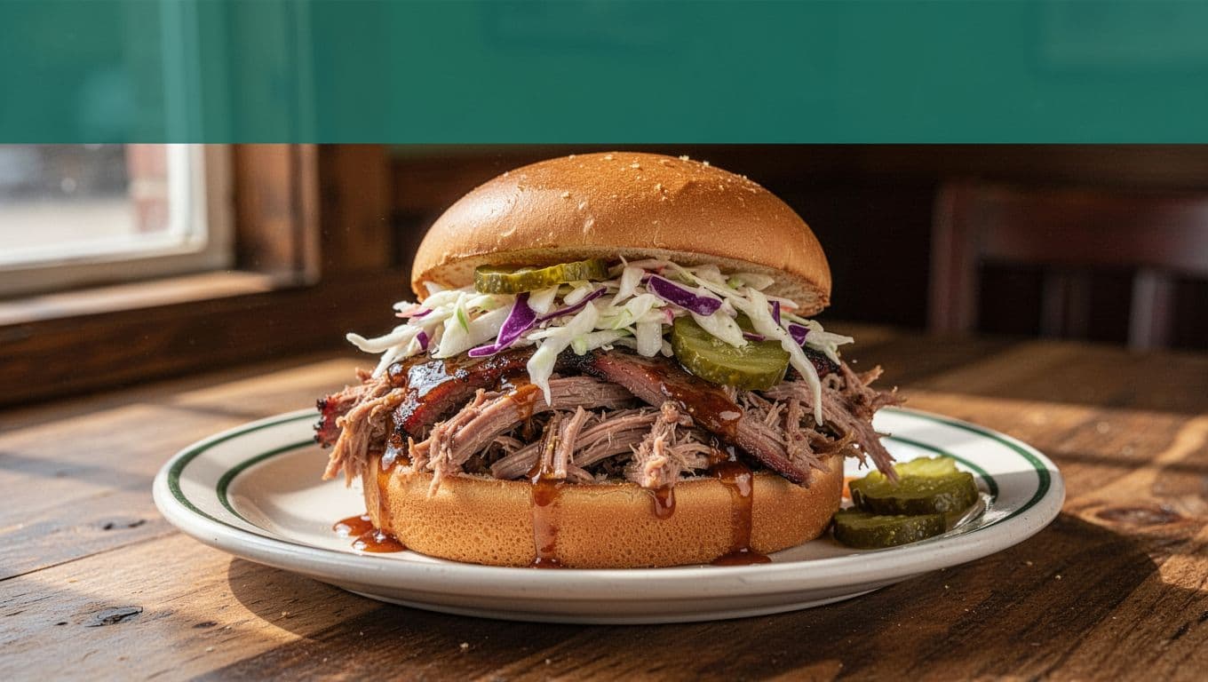 Smoked pulled pork sandwich with coleslaw and pickles on wooden table under green BBQ Classics headline band.