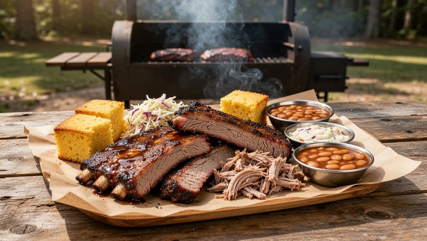 Smoked brisket, ribs, pulled pork platter with cornbread, slaw, baked beans on butcher paper atop rustic wooden table, BBQ Classics headline above, outdoor pit background.