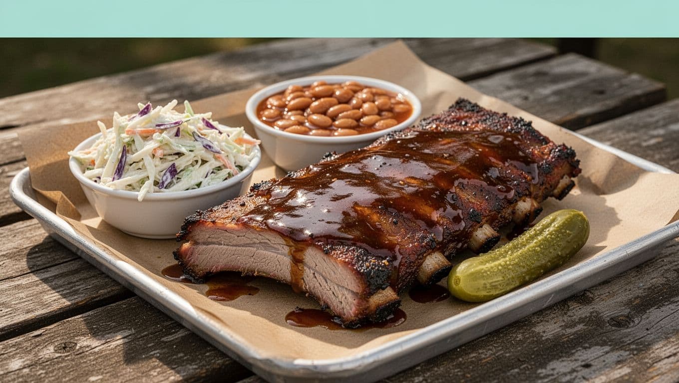 Savory slow-smoked pork ribs glazed in barbecue sauce, served with coleslaw, baked beans, and pickle spear on a paper-lined tray in a close-up angled photorealistic view. Rustic picnic table setting with bold branded editorial style featuring a green color band and 'BBQ Contender' headline.