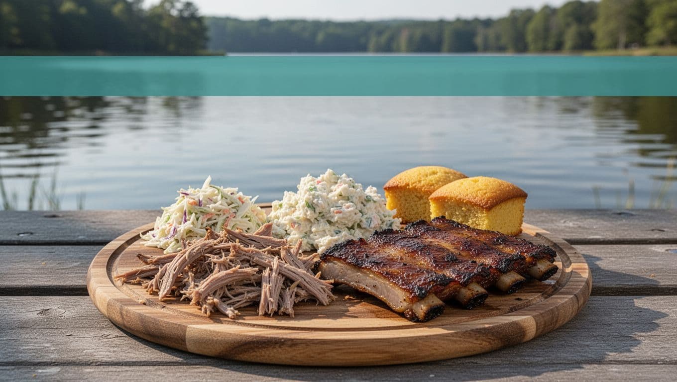 Pulled pork, ribs, coleslaw, cornbread on wooden platter at outdoor picnic table near lake, green BBQ SPOT band above.