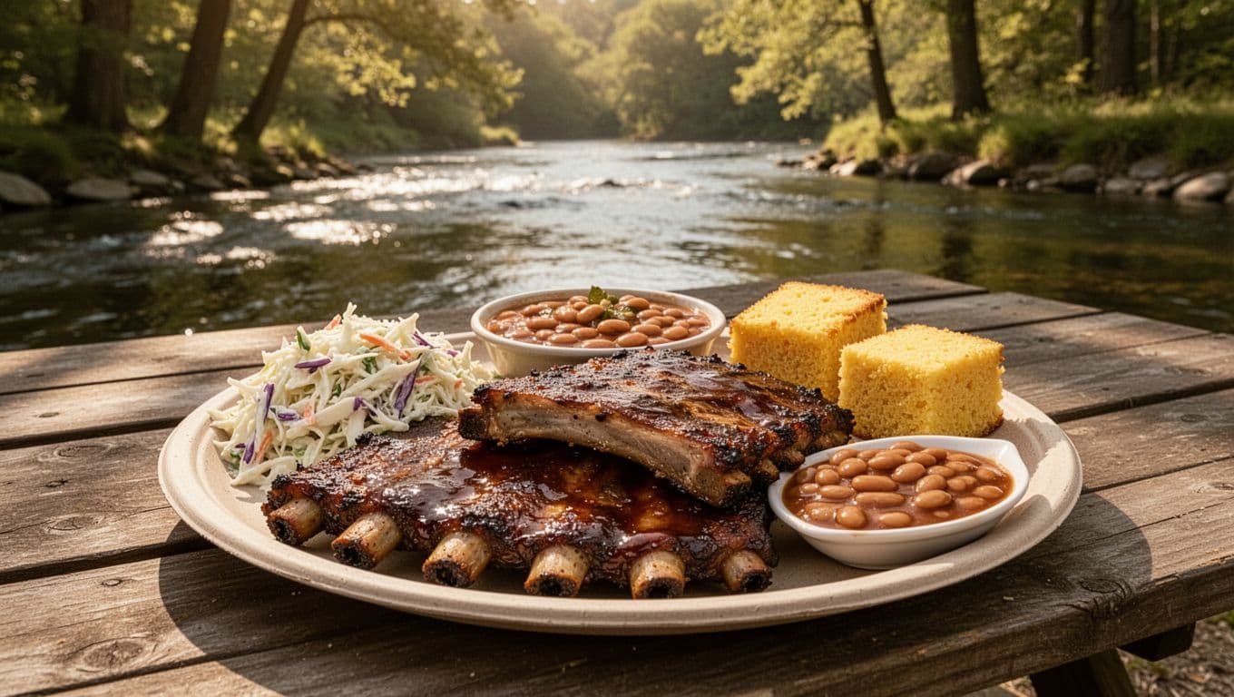 Barbecue ribs platter with coleslaw, baked beans, cornbread on picnic table near Alabama river under green BBQ Bliss banner.