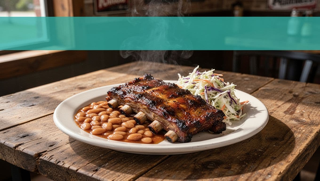 Green header band with 'BBQ SPOT' above plate of smoked ribs, baked beans, coleslaw on wooden table.