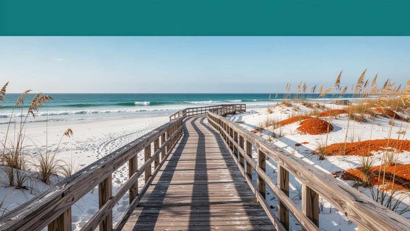 Photorealistic view of a wooden boardwalk leading directly from a hotel to the white sand beach at Orange Beach, Alabama, with sea oat-covered dunes, turquoise waves, and soft morning light under a clear blue sky.