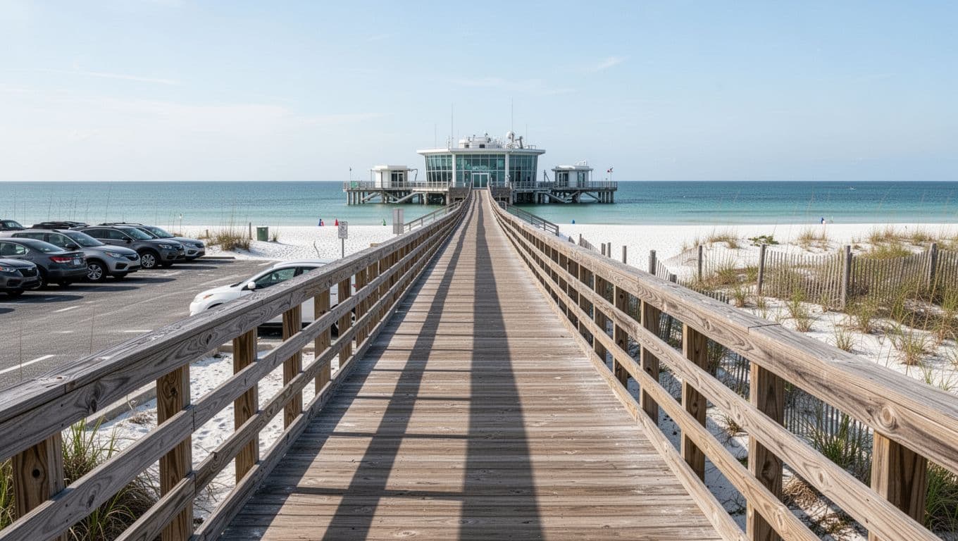 Bold 'Beach Access' headline in white text on a green band, above a realistic landscape photo of a wooden path from condo parking lot to white sand Gulf beach with distant Sea Lab building in bright daylight, no people or vehicles.