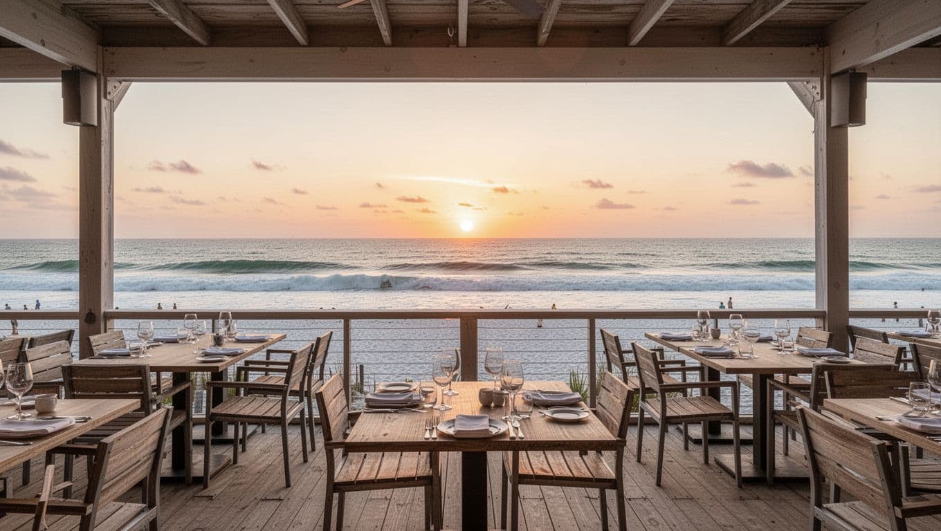 Beachfront restaurant patio with empty tables set for dinner, overlooking gulf waves and white sand under a vibrant sunset sky in golden hour lighting. Bold 'Beachfront Bites' headline in green band at top, wide ocean-focused landscape composition.