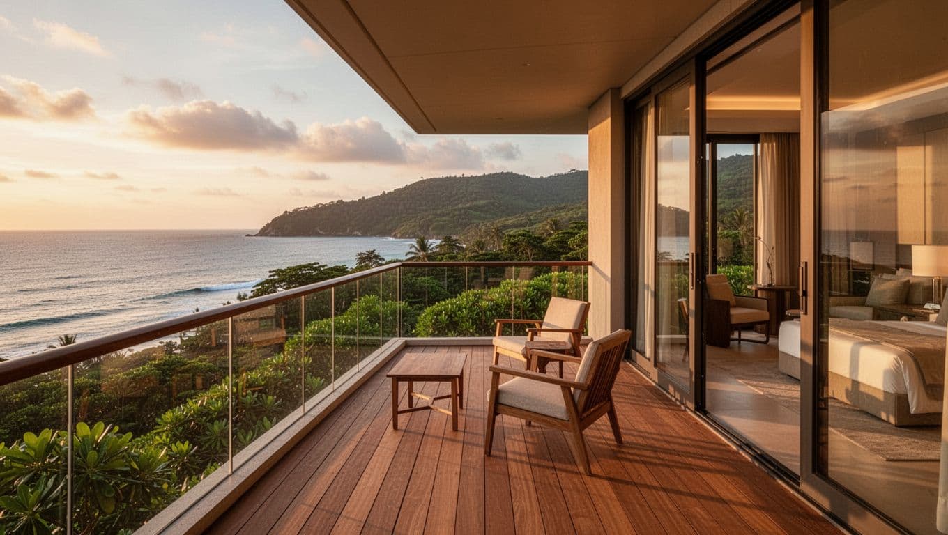 Cozy hotel room balcony overlooking the ocean and state park greenery, featuring a wooden deck with chairs, sunset warm lighting, and modern beach resort interior visible. Single room focus in realistic style with a top green band displaying 'Beachfront Views'.