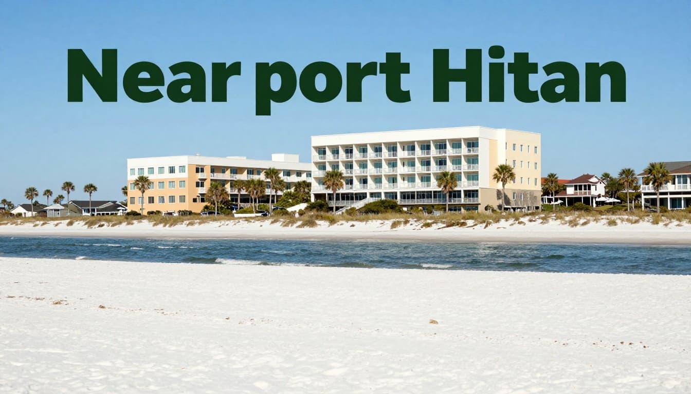 Modern beachfront hotel exterior on Alabama Gulf Coast near historic Fort Morgan, with white sand beach, blue ocean waves, palm trees, and clear sunny sky in realistic photography style.