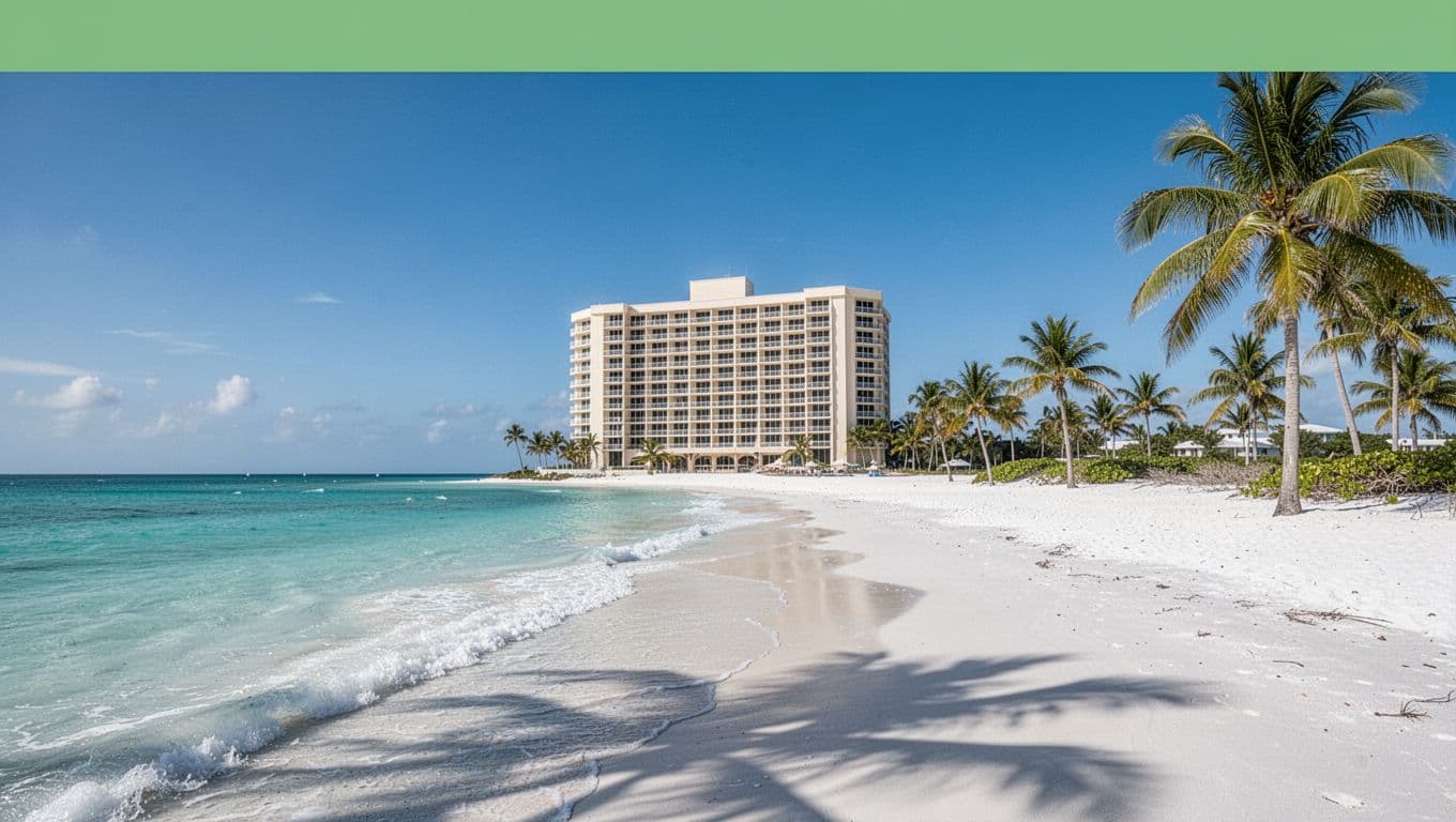Photorealistic wide landscape of a single hotel on white sand beach by turquoise Gulf waters, palm trees in background, sunny blue sky, ocean waves, with bold 'Beachfront Stays' headline on green accent band.