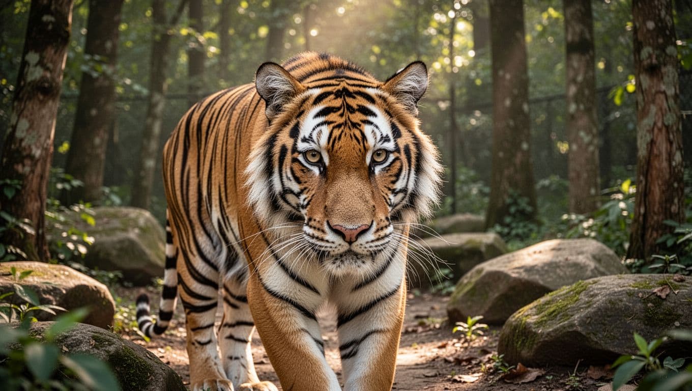 Close-up Bengal tiger pacing calmly in lush green forest with rocks and trees, green 'Local Attractions' headline band at top.