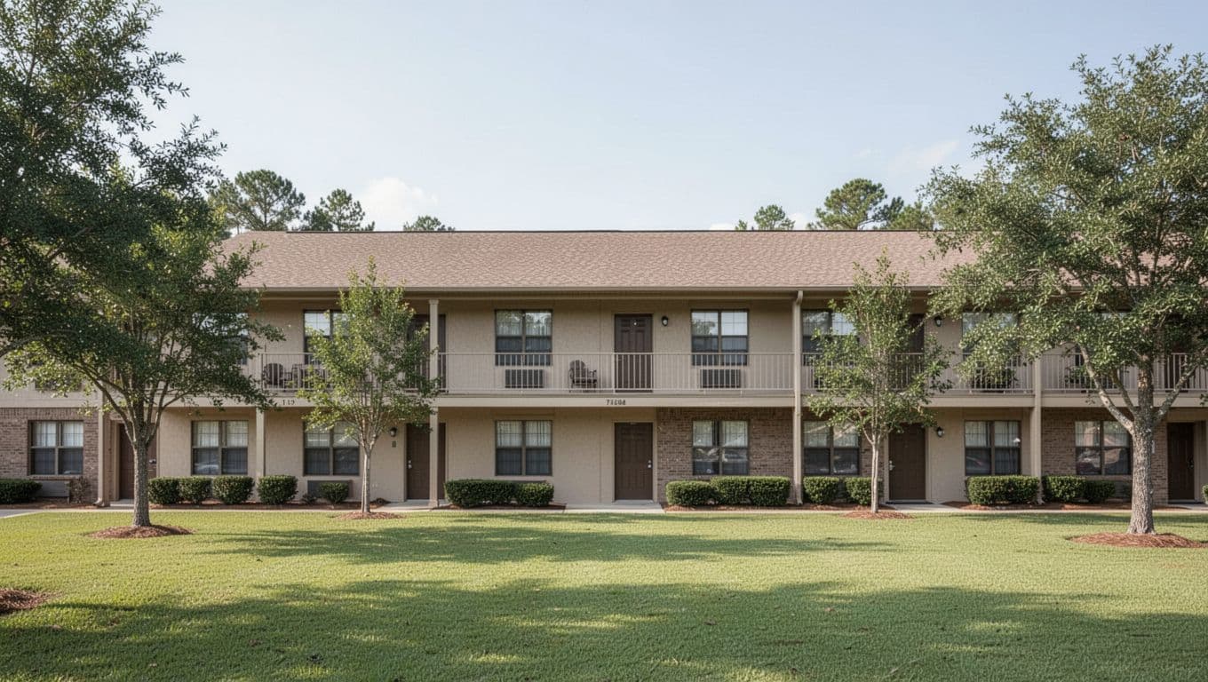 Clean exterior of a simple two-story budget hotel in Alabama suburbs like Best Western Bessemer, with balcony railings, green lawn, trees, and clear daytime sky, topped with a bold 'Budget Stays' green headline band.