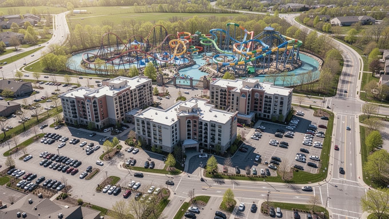 Aerial satellite-style view of Bessemer, Alabama hotels clustered near Splash Adventure water park entrance, showing roller coasters, slides, parking lots on a sunny spring day.