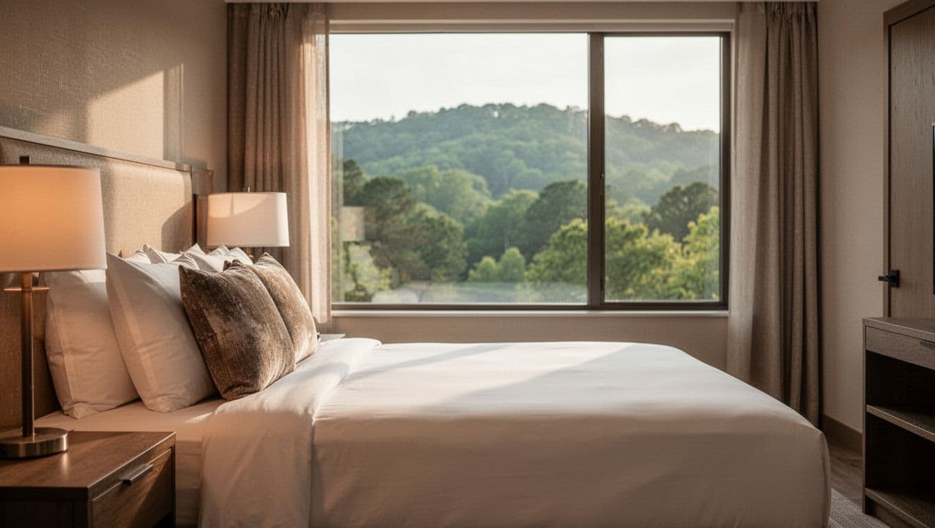 Inviting modern hotel room interior in Bessemer Alabama style with queen bed, plush pillows, side table lamp, clean white linens, and large window view of green Alabama hills.