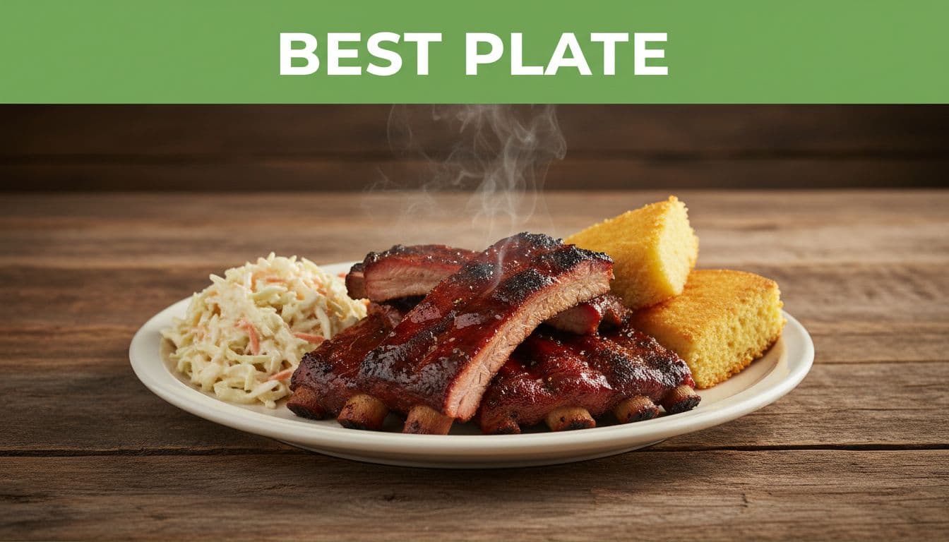 Plate of barbecue ribs, coleslaw, and cornbread on wooden table with green 'BEST PLATE' header band, subtle steam rising.