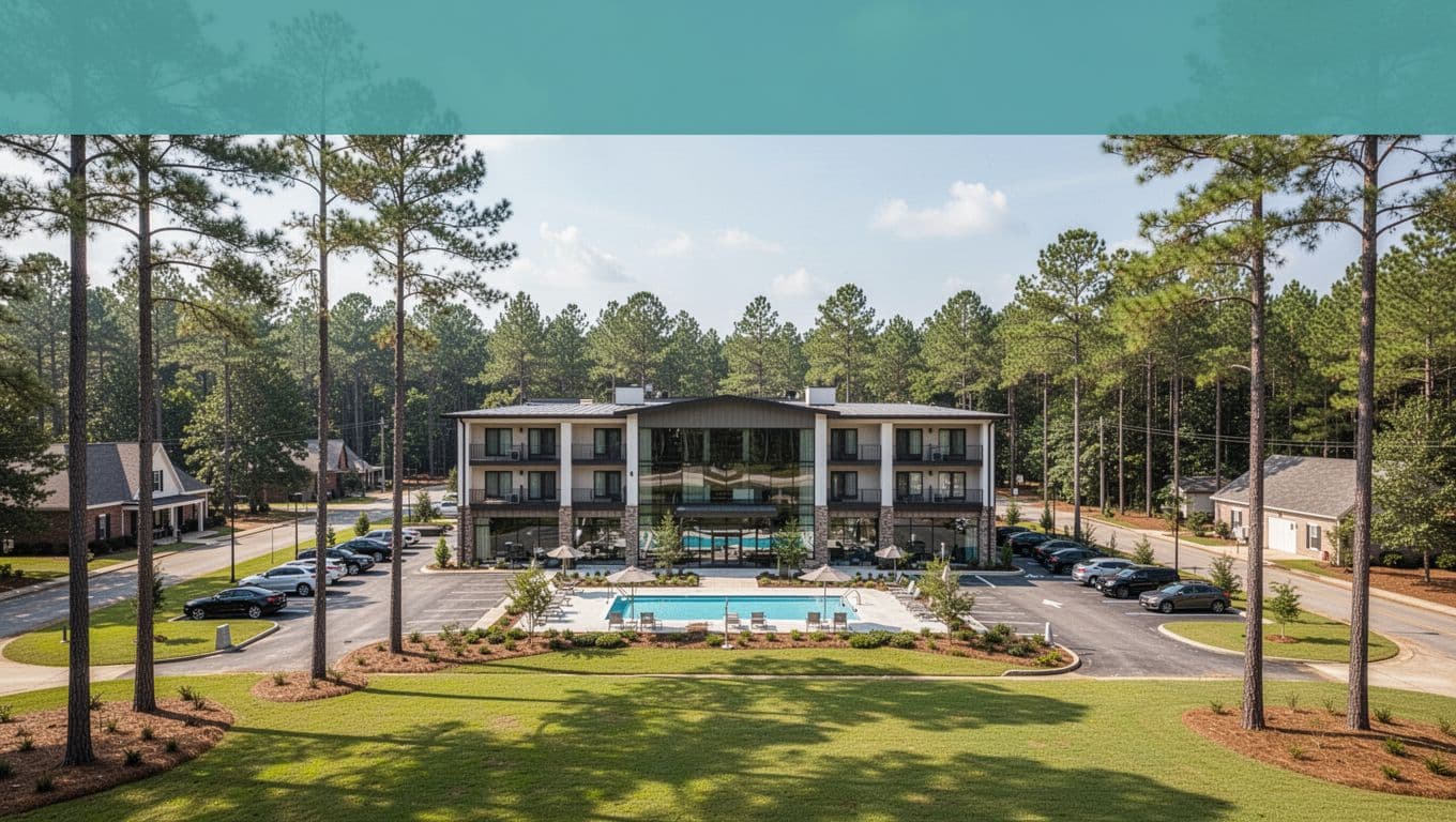 Modern two-story Best Western Brewton Inn hotel exterior featuring outdoor pool and parking lot in quiet rural Alabama town surrounded by pine trees and green lawns, wide street-level landscape view in bright daylight.