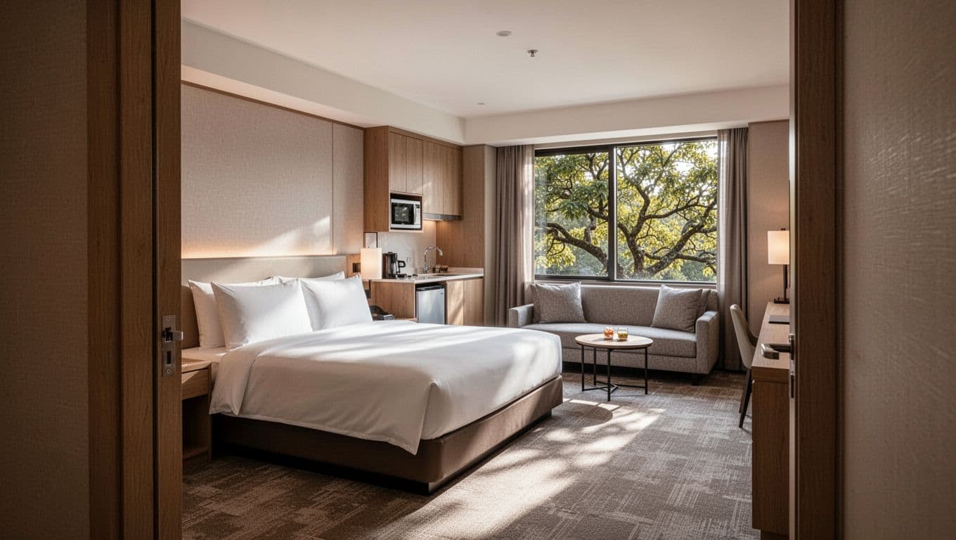 Spacious Best Western hotel suite interior with king bed, kitchenette, sitting area, and large window overlooking trees, viewed from doorway in clean modern style.