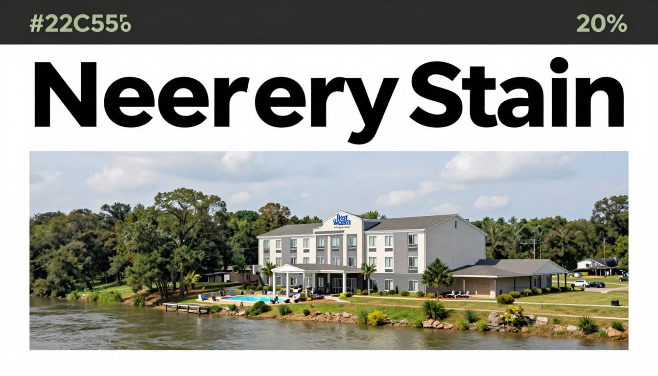 Riverside exterior of Best Western Plus Two Rivers Hotel in Demopolis, Alabama, with visible outdoor pool, trees, modern facade, and daytime sunlight. Features 'Nearby Stay' headline in bold green band across the top.