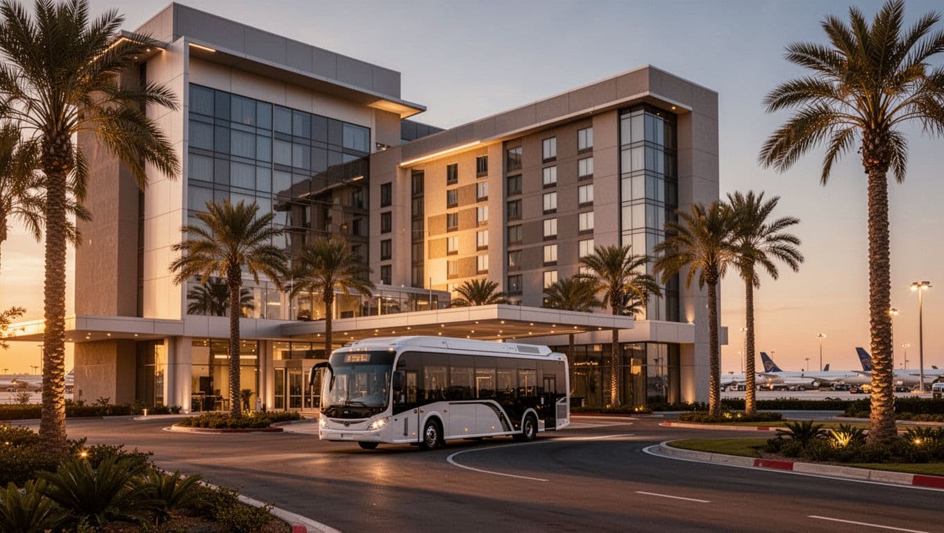 Exterior of a modern airport hotel at dusk with a shuttle bus arriving, palm trees, and airport signage in the background, captured in a wide landscape realistic photo style with warm golden hour lighting. Features a green top headline band with 'Airport Layover Stay' text.