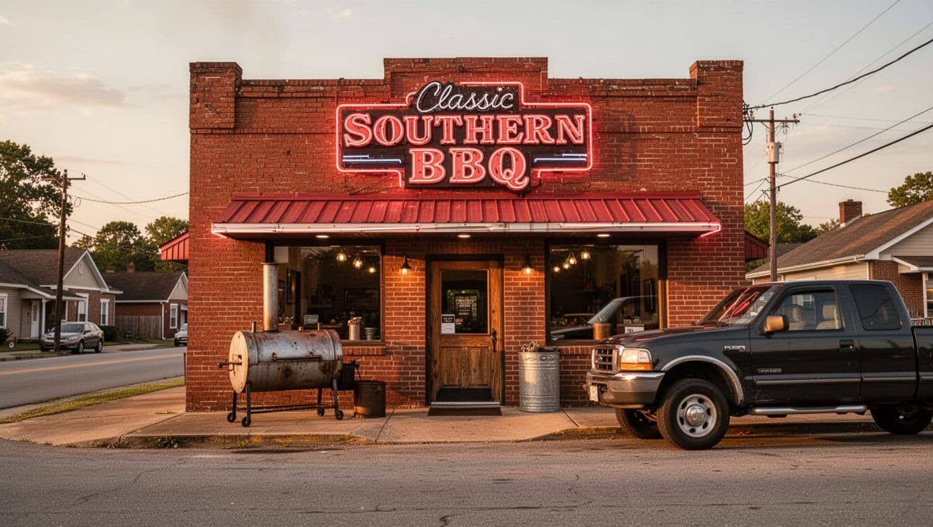 Exterior of a classic Southern BBQ restaurant in Hueytown, Alabama, with brick building, neon sign, smoker barrel, parked pickup truck, and warm golden hour lighting, topped with bold 'BBQ Haven' headline.