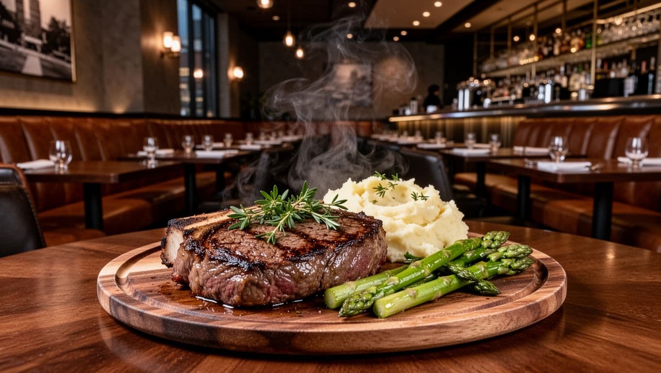 Modern steakhouse dining room in downtown Millbrook, Alabama, featuring a sizzling ribeye steak on a wooden plate with herbs, mashed potatoes, and asparagus; dim warm lighting, leather booths, bar background, no people, branded with bold 'Big Mike's' headline on green band.