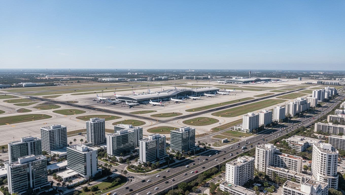 Aerial view of Birmingham-Shuttlesworth International Airport (BHM) showing the modern terminal and runways in the center, with a cluster of mid-rise hotels along the adjacent highway in the background, under a clear blue daytime sky.