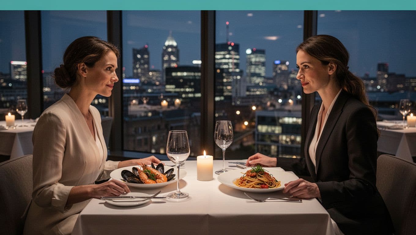 Elegant candlelit tables in a modern minimalist restaurant in Birmingham, Alabama, set for romantic date night with fresh seafood and pasta dishes, overlooking city lights.