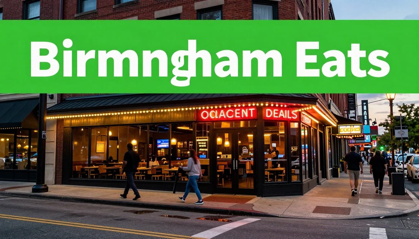 Wide-angle view of Birmingham, Alabama's downtown street at night leading to a restaurant entrance, with neon sign glow, two passersby walking, and a lively urban vibe. Features a bold edge-to-edge green header band with 'Birmingham Eats' headline in geometric sans-serif.