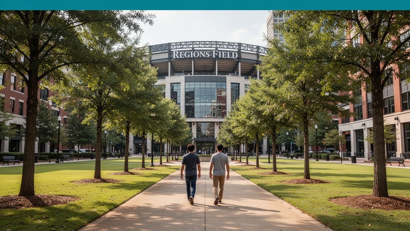 Sunny daytime landscape of Downtown Birmingham, Alabama, with Railroad Park in the foreground connected by a walking path to Regions Field stadium in the background, featuring exactly two people walking away from the viewer.