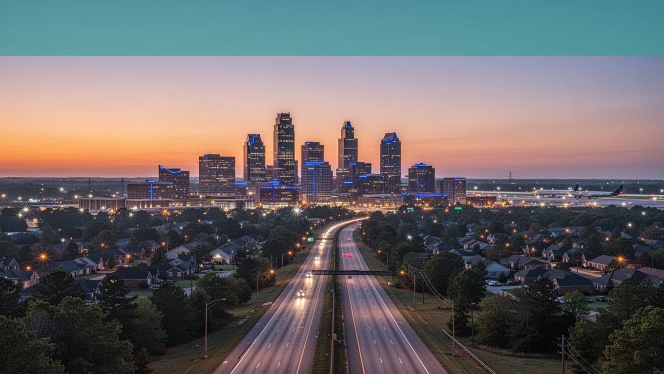 Wide aerial view of Birmingham, Alabama skyline at dusk with highway leading to suburbs and airport in distance, orange-purple skies, bold 'NEARBY ACCESS' header band emphasizing proximity.