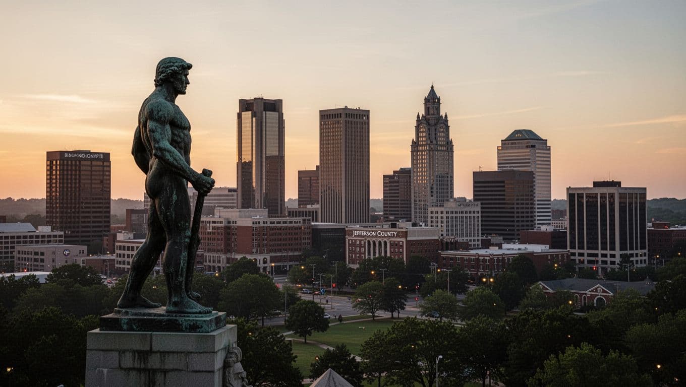 Birmingham, Alabama skyline at dusk with Vulcan statue silhouette in the foreground and Jefferson County landmarks visible in a wide landscape view. Features a bold branded green header band with 'Nearby Sights' title, evoking local exploration.
