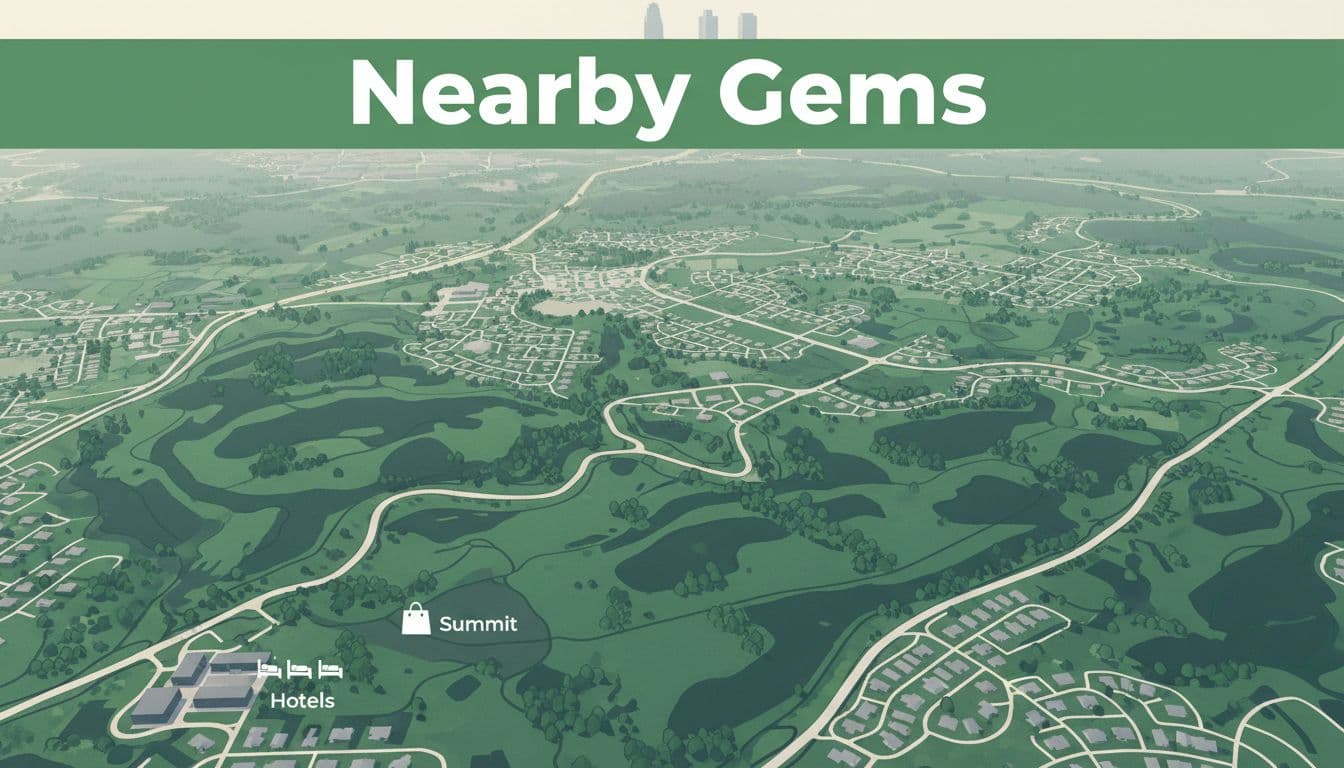 Stylized overhead map of suburban Birmingham, Alabama neighborhoods featuring green parks, subtle UAB and Summit Mall icons, hotels near Vestavia Hills in illustrative realistic style with bold 'Nearby Gems' headline.
