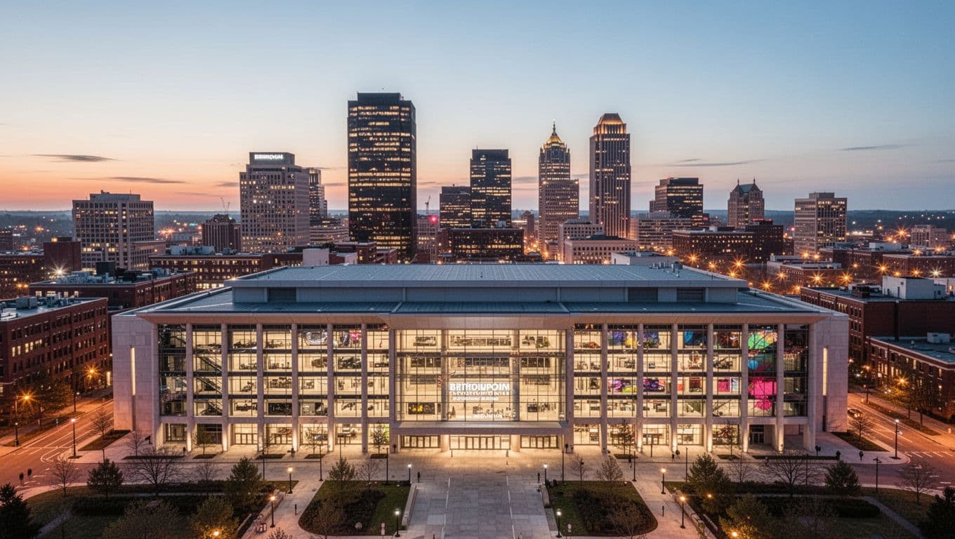 Stunning Birmingham skyline at dusk with the prominent BJCC convention center in the foreground, featuring warm lights and modern architecture in a realistic photo style. Bold 'BJCC Hotels' headline in green band highlights nearby hotel options.