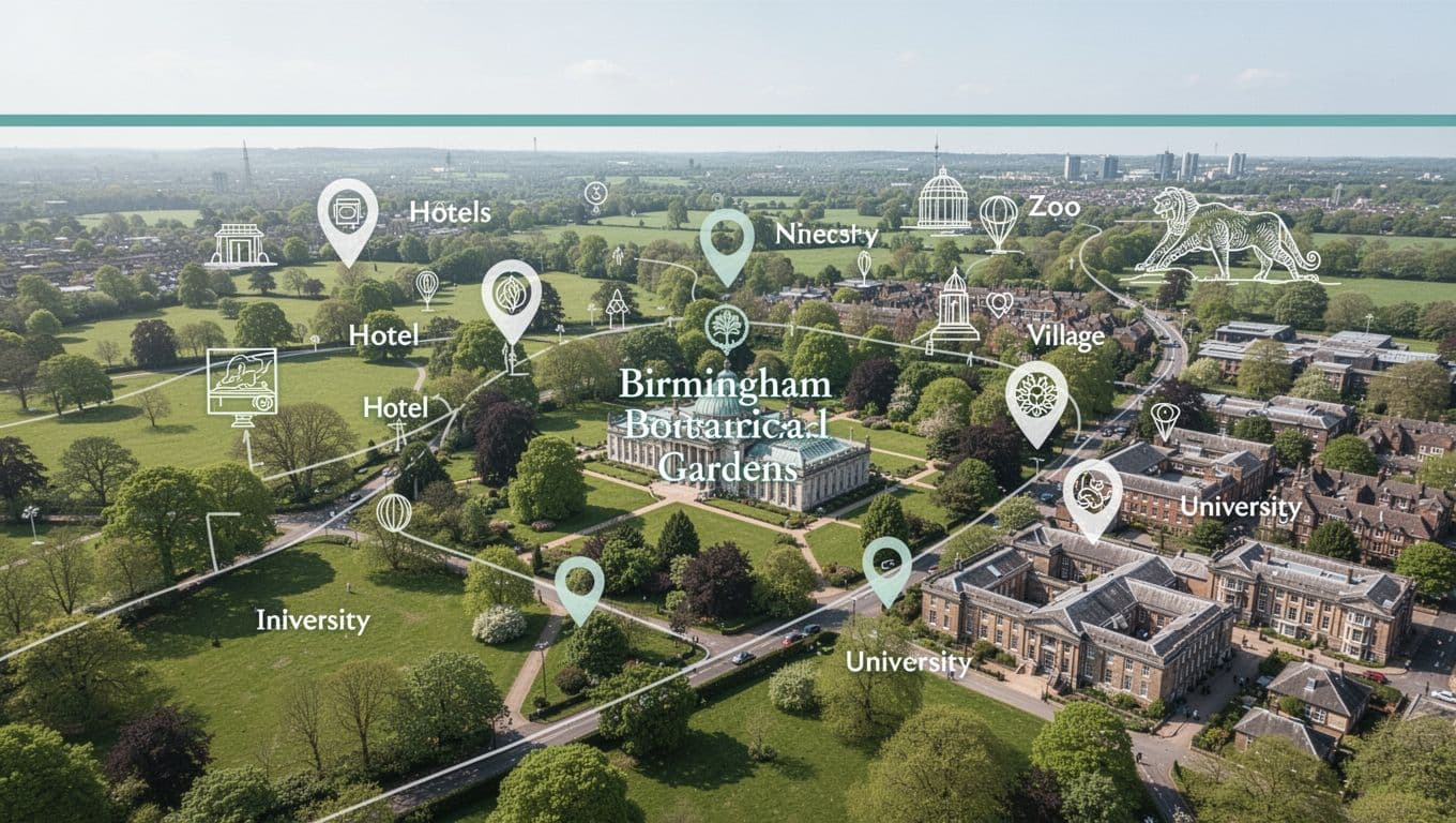 Illustrative aerial map of Birmingham Botanical Gardens area featuring nearby hotels, Mountain Brook village, UAB campus, and Birmingham Zoo in the distance, with green parks and roads on a sunny day.