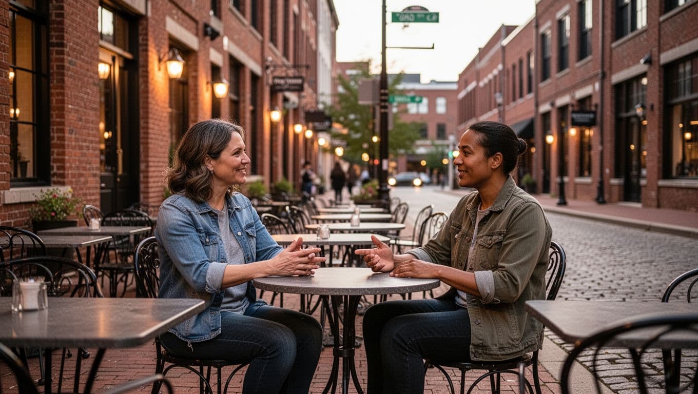 Evening street scene in Birmingham loft district centers on sidewalk cafe with four adults at two tables under green 'Downtown Core' band amid brick buildings.