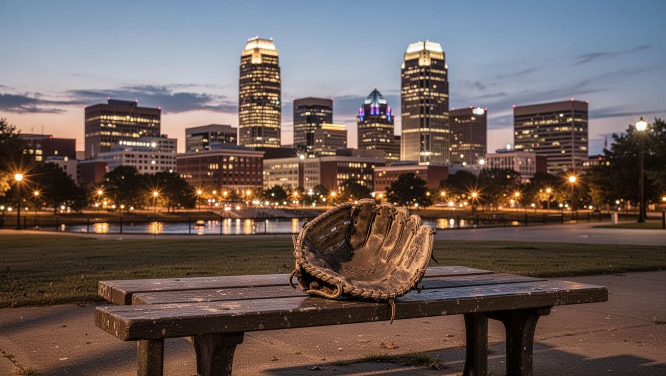 Photorealistic landscape of Birmingham, Alabama's downtown skyline at dusk with glowing city lights, high contrast warm evening illumination, and a baseball mitt on a bench in the foreground. Features a bold green edge-to-edge top band branding 'Downtown Access' in white geometric sans-serif text.
