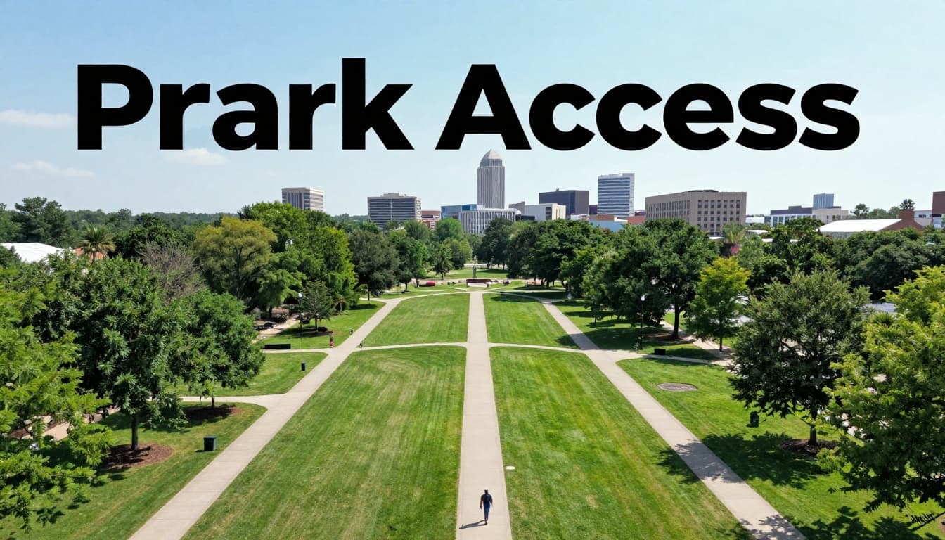 Vibrant aerial view of Railroad Park in Birmingham, Alabama, showcasing green lawns, walking paths, and surrounding skyline buildings on a sunny afternoon, with one relaxed walker in the foreground.
