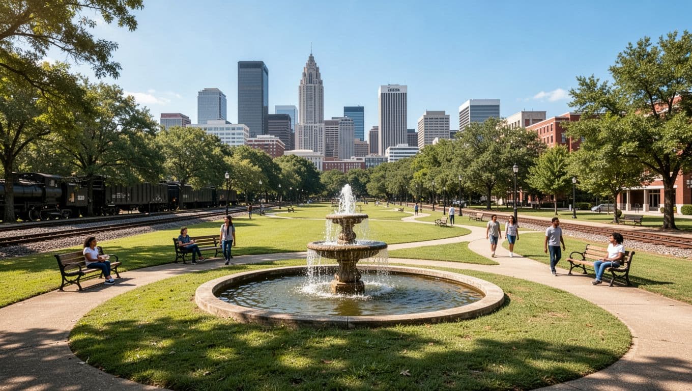 Green band with 'City Parks' header above wide daytime view of lawn, benches, fountain, paths, six relaxed people, and Birmingham skyline.