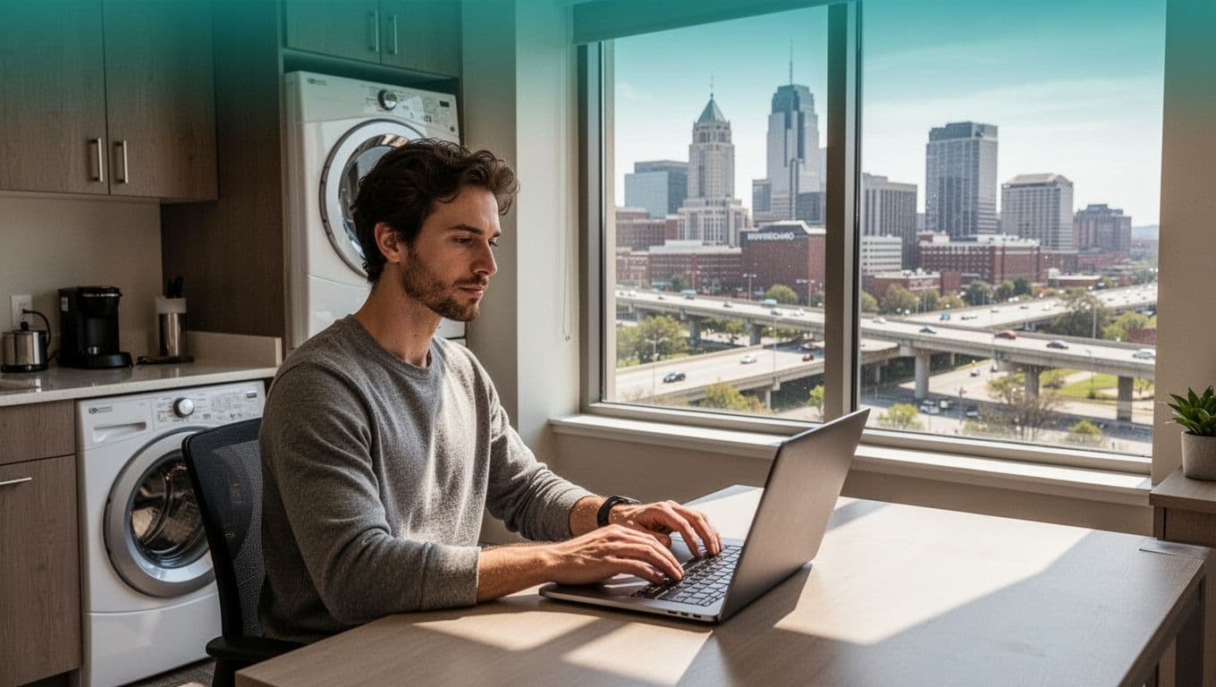 Remote worker in extended-stay suite with in-room washer-dryer stack and desk near window overlooking Birmingham business district and interstate highway, under bold 'Birmingham Base' header.