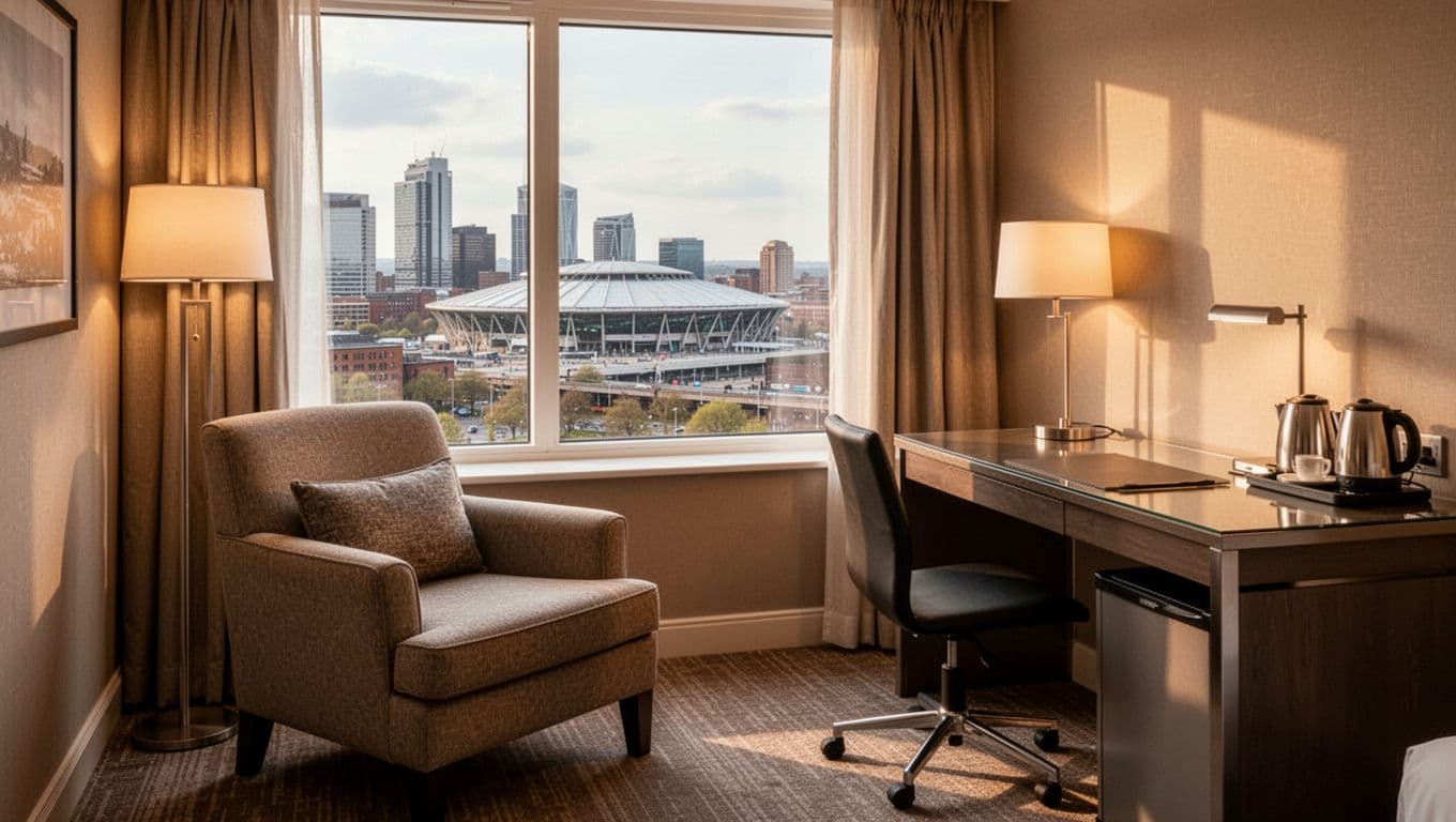 Photorealistic cozy hotel room interior with window overlooking Birmingham skyline and distant convention center, modern desk amenities, single armchair by window under warm lighting, featuring bold 'Walkable Stays' green header band at top.