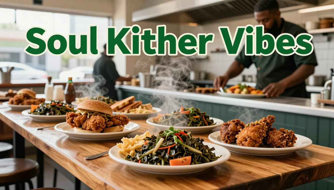 Vibrant soul food kitchen scene in a Birmingham restaurant featuring plates of fried chicken sandwich and collards on a wooden table, with steam rising and a chef plating in the background under natural daylight.