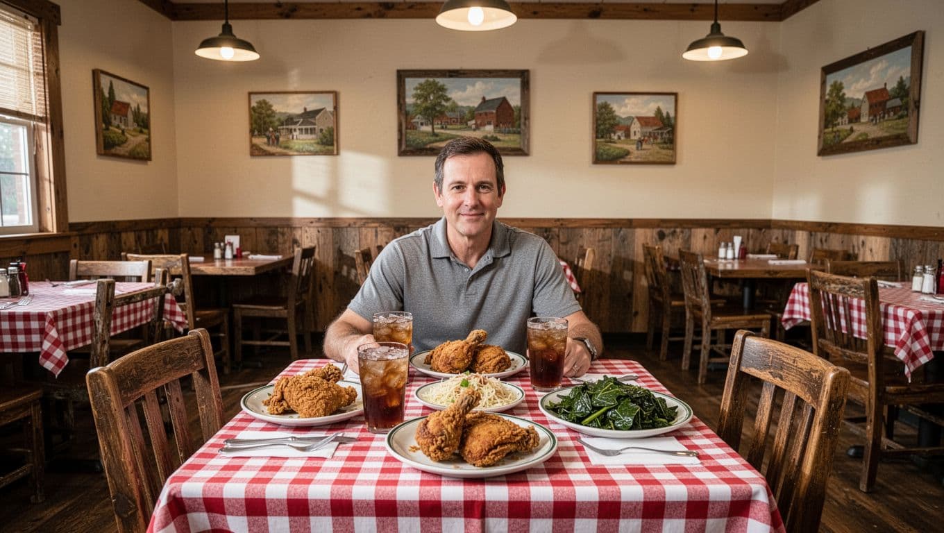 Cozy Southern restaurant interior in Birmingham, Alabama, serving fried chicken and collards on checkered tablecloths under soft lights with rustic wooden decor. Bold 'Southern Eats' headline in green band at top, medium shot of central table with dishes, iced tea, and one relaxed person.