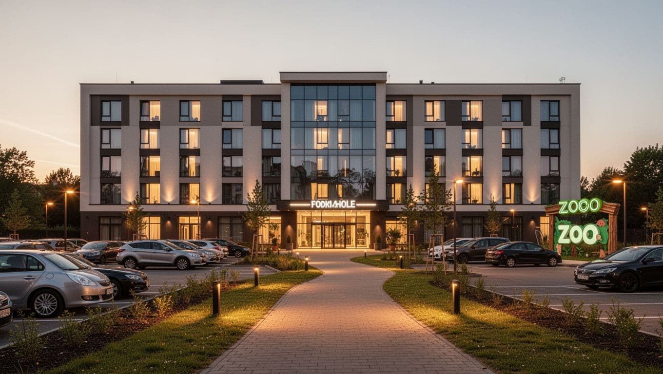 Hotel exterior at dusk with lit windows, parking lot, and nearby path to Birmingham Zoo entrance. Modern architecture in warm golden hour lighting with bold 'Zoo Access' headline.