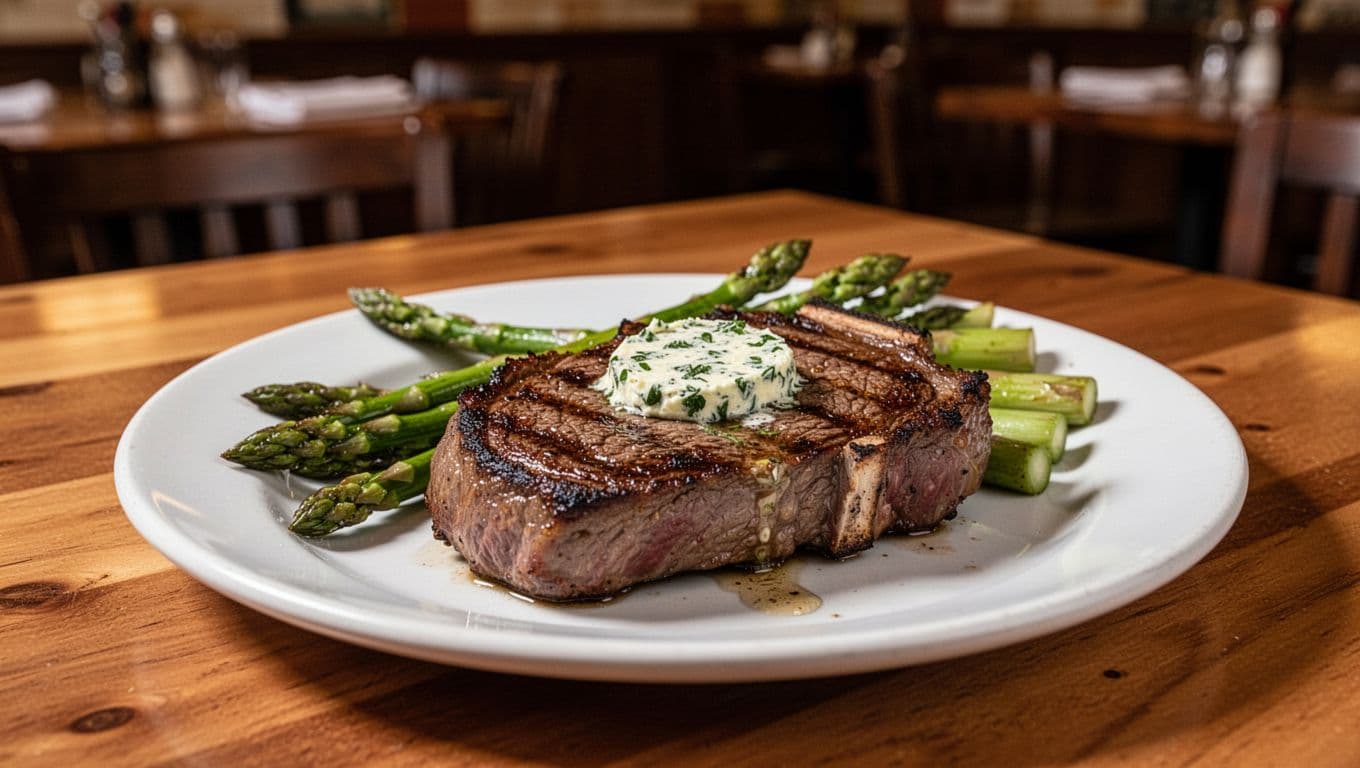 Green header band with 'Bistro Classics' above grilled ribeye steak, herb butter, and asparagus on white plate in bistro interior.