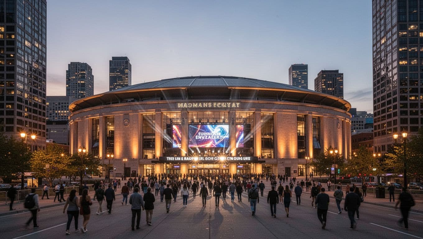 Busy exterior of BJCC Arena in Birmingham, Alabama, at dusk during a concert event, with crowds arriving, entrance signage, and downtown buildings in the background. Photorealistic wide landscape with warm lighting and a bold 'Arena Access' headline.